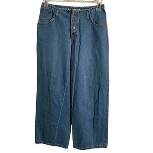Vtg Y2K Junior Denim Wide Leg Jeans 7 Button Fly Mid Rise Five Pocket Blokette